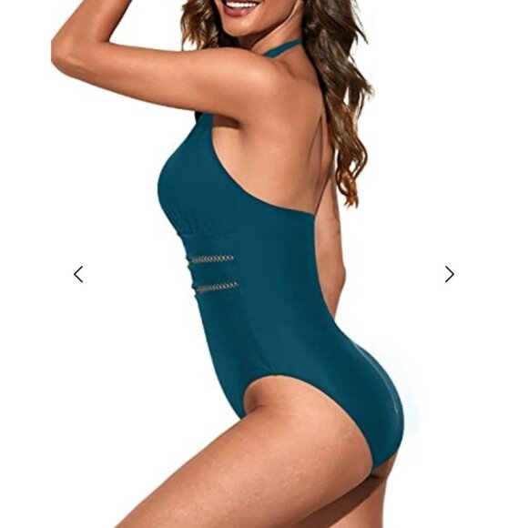 Tempt Me Womens Sexy Cutout Plunge Halter One Piece Swimsuit Teal Size XL Beach - Picture 2 of 7